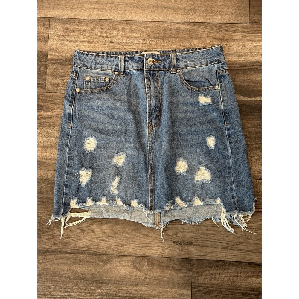 LITZ by UNIQ Distressed Denim Mini Skirt M Raw Hem Y2K Streetwear Blue